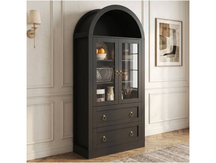 WUVRIE Buffet haut vitrine noir 80 x 36 x 170 cm avec 2 tiroirs 2 portes vitrees et etageres reglables