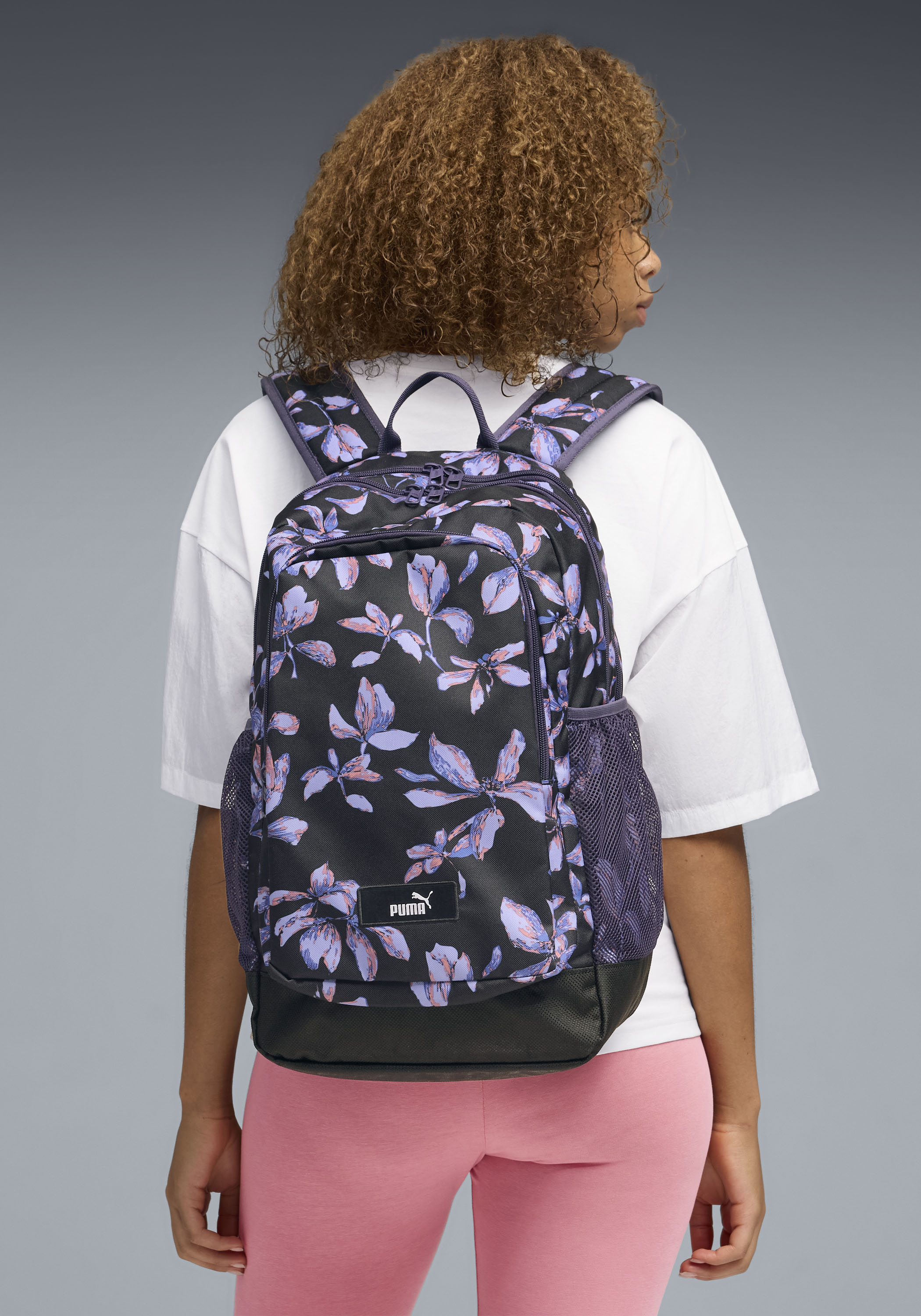 Rucksack PUMA "ACADEMY AOP BACKPACK", bunt (puma schwarz, nature 2.0 aop), Rucksäcke, Netz, Polyester, gemustert, Rucksack, für Erwachsene, sportlicher Stil, für Alltag und unterwegs puma schwarz, nature 2.0 aop Einheitsgröße
