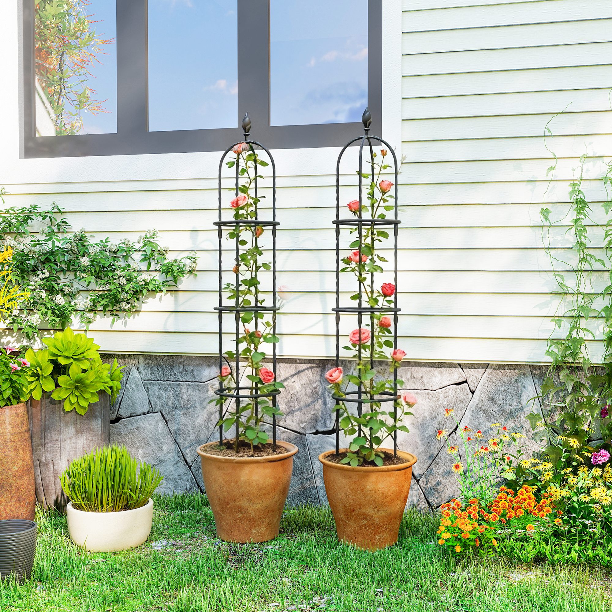 Outsunny Set 2 Supporti per Piante Rampicanti Alti 1.7 m in Acciaio Antiruggine con Decorazioni, Nero   Aosom Italy