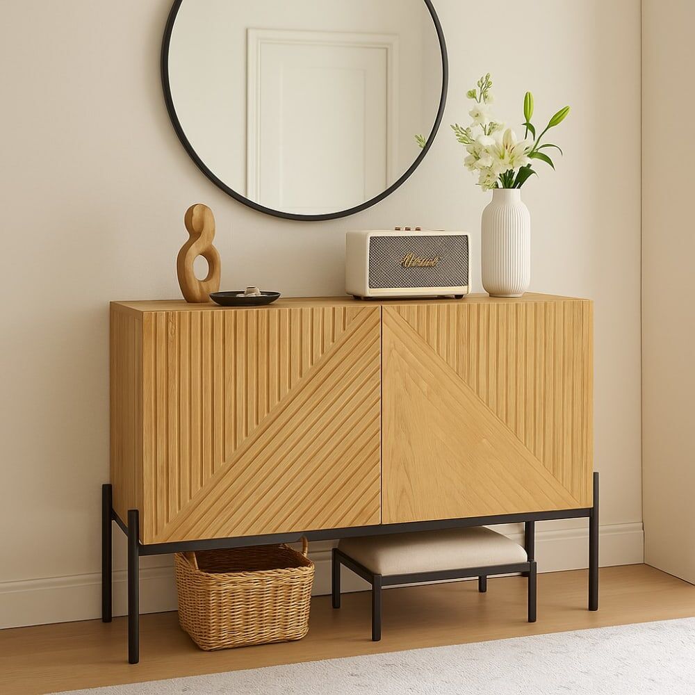 Urban Meuble Console d entrée en bois clair à motif géométrique Beige 100x70x40cm