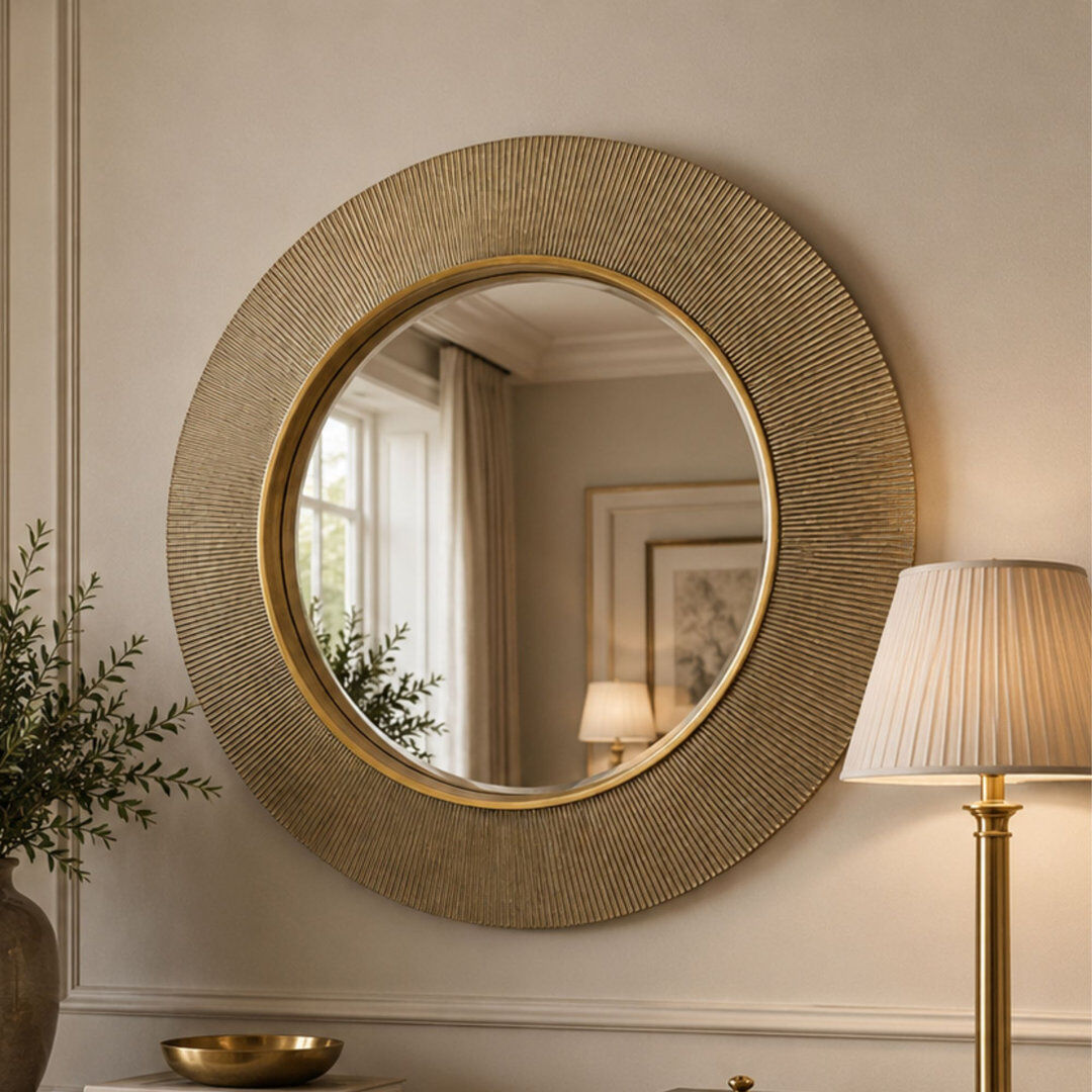 Canora Grey Aubry Round Ribbed Mirror Bevelled Gold 90cm H X 90cm W X 3cm D