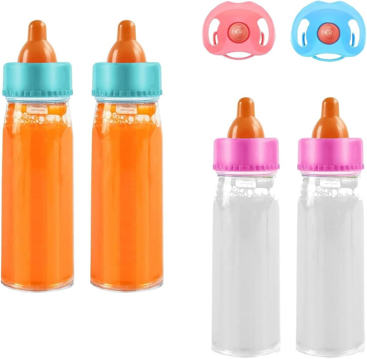 ShopVlot Poppenfles set van 4 stuks met magische melkflesjes waarbij de vloeistof verdwijnt bij kantelen