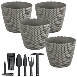 Prosperplast - Set aus 4 runden Blumentöpfen 5 L aus Kunststoff in Grau, Ø21,8x18,4 cm mit 6-teiligem Gartengeräte-Set Splofy