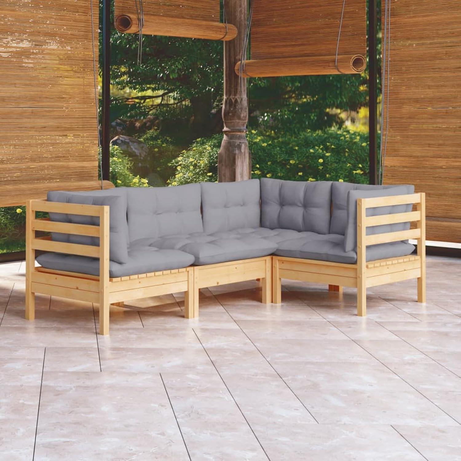 4-TLG. Gartenlounge Set Gartensofa Gartenmöbel Set Sitzgruppe Gartenlounge Loungemöbel Sitzgarnitur Gartengarnitur mit Grauen Kissen Kiefernholz