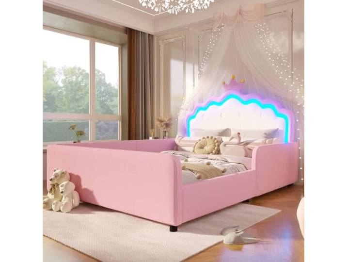 BTM PU Bett Mädchen 140x190 Kinderbett mit LED, Sicherheitsgitter Rosa Prinzessinnenbett in Kronenform