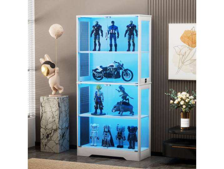 Vitrine en verre 4 étagères IVMEU 80x35x165 cm blanche portes vitrées LED à détecteur de mouvement