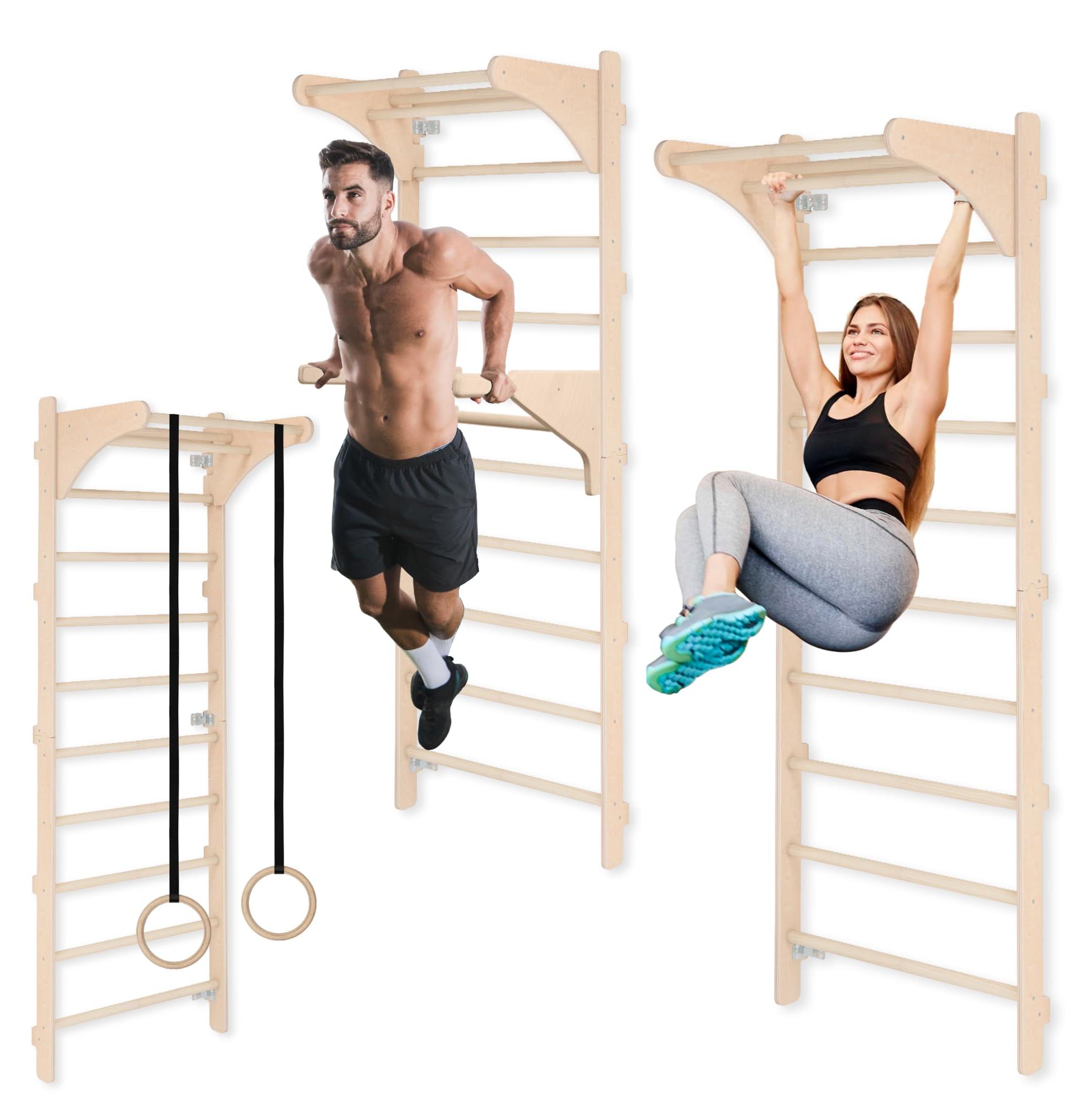 Kletterwand mit Sprossen und Gymnastikringen - Holz-Kletterwand, 230 cm - Multifunktionales Fitnessgerät