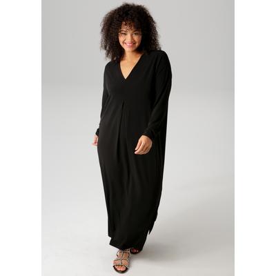 Maxikleid ANISTON PLUS, Damen, Gr. 50, N-Gr, schwarz, Single Jersey, Obermaterial: 95% Polyester, 5% Elasthan, leicht glänzend, unifarben, figurumspielend knöchelfrei, V-Ausschnitt, Kleider Maxikleid, mit raffinieren Seitenschlitzen