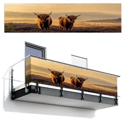 BALKON-SICHTSCHUTZ Schottische Hochlandbewohner - Heide - Landschaft - Tiere Deko XXL 500x120 cm
