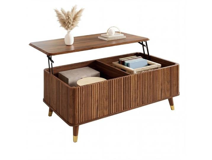Table basse moderne rétro plateau réglable texture ondulée aspect noyer meuble multifonction TABLE BASSE