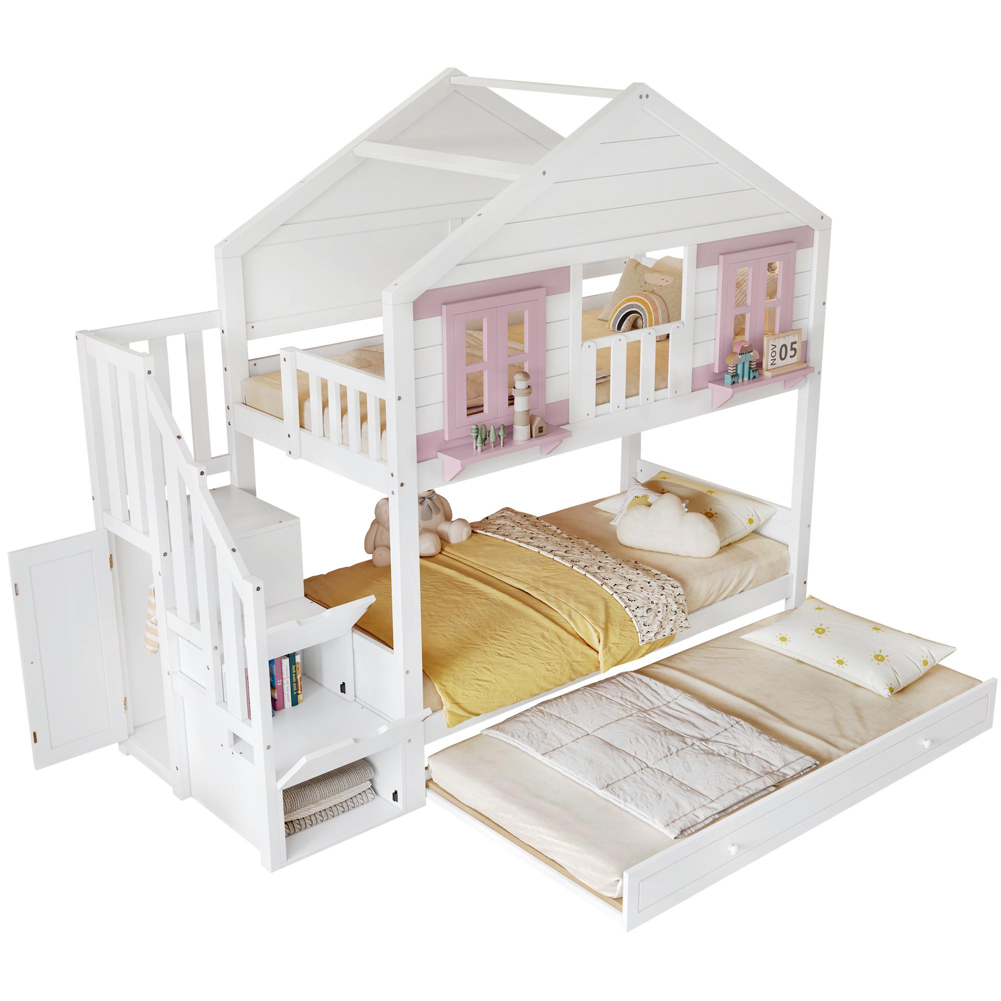 Etagenbett mit 2 Liegeflächen, Gästebett, Kleiderschrank, Lattenrost, Rausfallschutz, Treppe, 90x200cm, Kinderbett, Hausbett, Kiefer