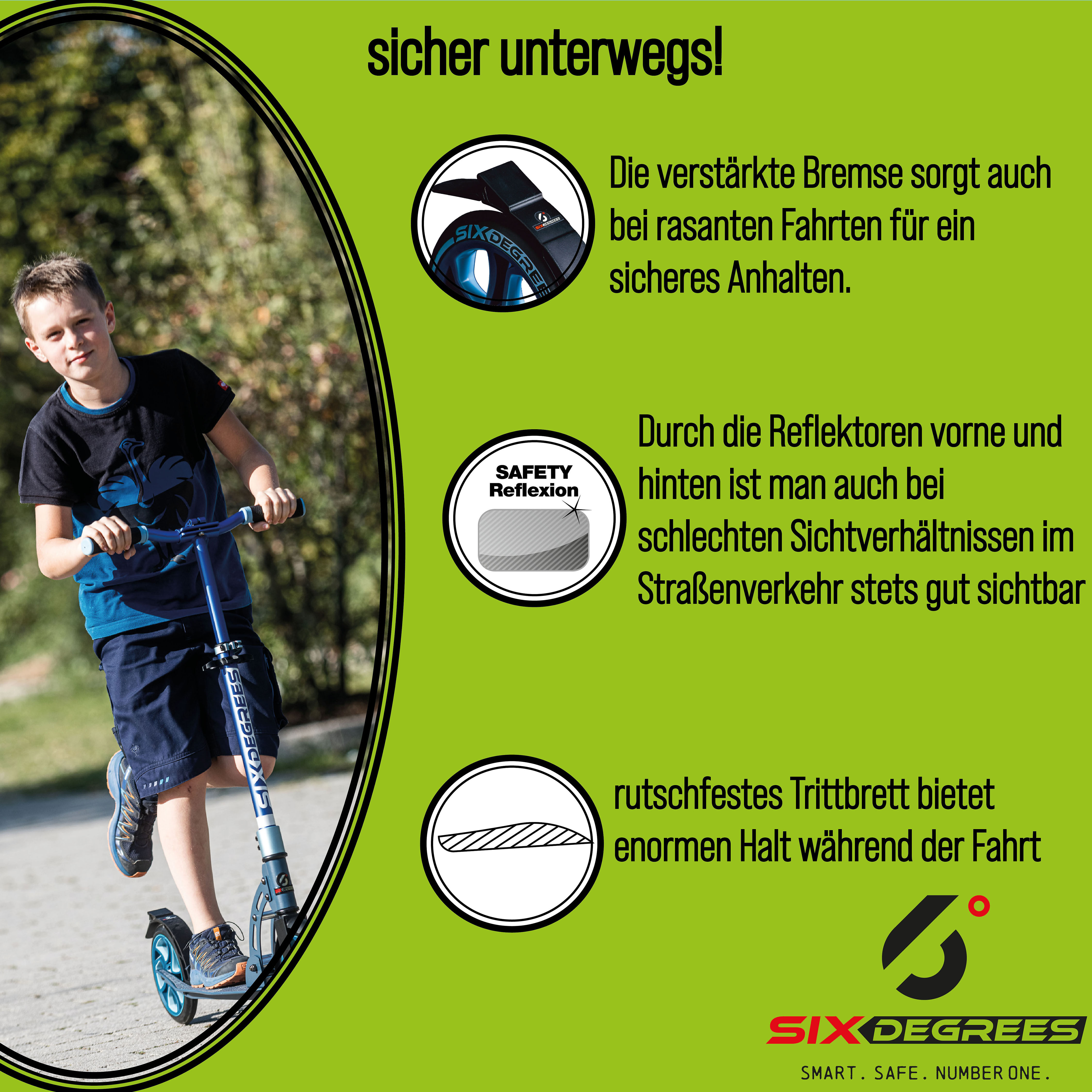Scooter SIX DEGREES "Aluminium Scooter Junior 180/145 mm", grün, Roller, KinderB:45cm L:82cm, Scooter, B:45cm L:82cm
