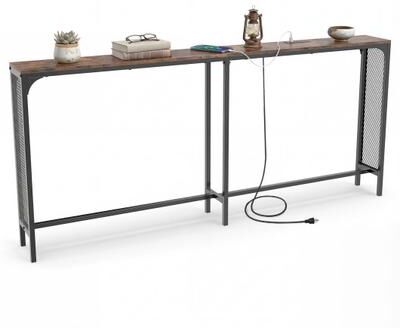 Costway 71 Inch Narrow Console Table with Power Outlet for Small Space-Rustic Brown