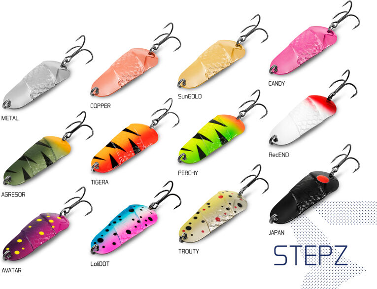 Cuillère ondulante Delphin STEPZ StripSCALE 10g TROUTY Hook #2 Silver, Gray, Brown, Gold 10g TROUTY Hook #2
