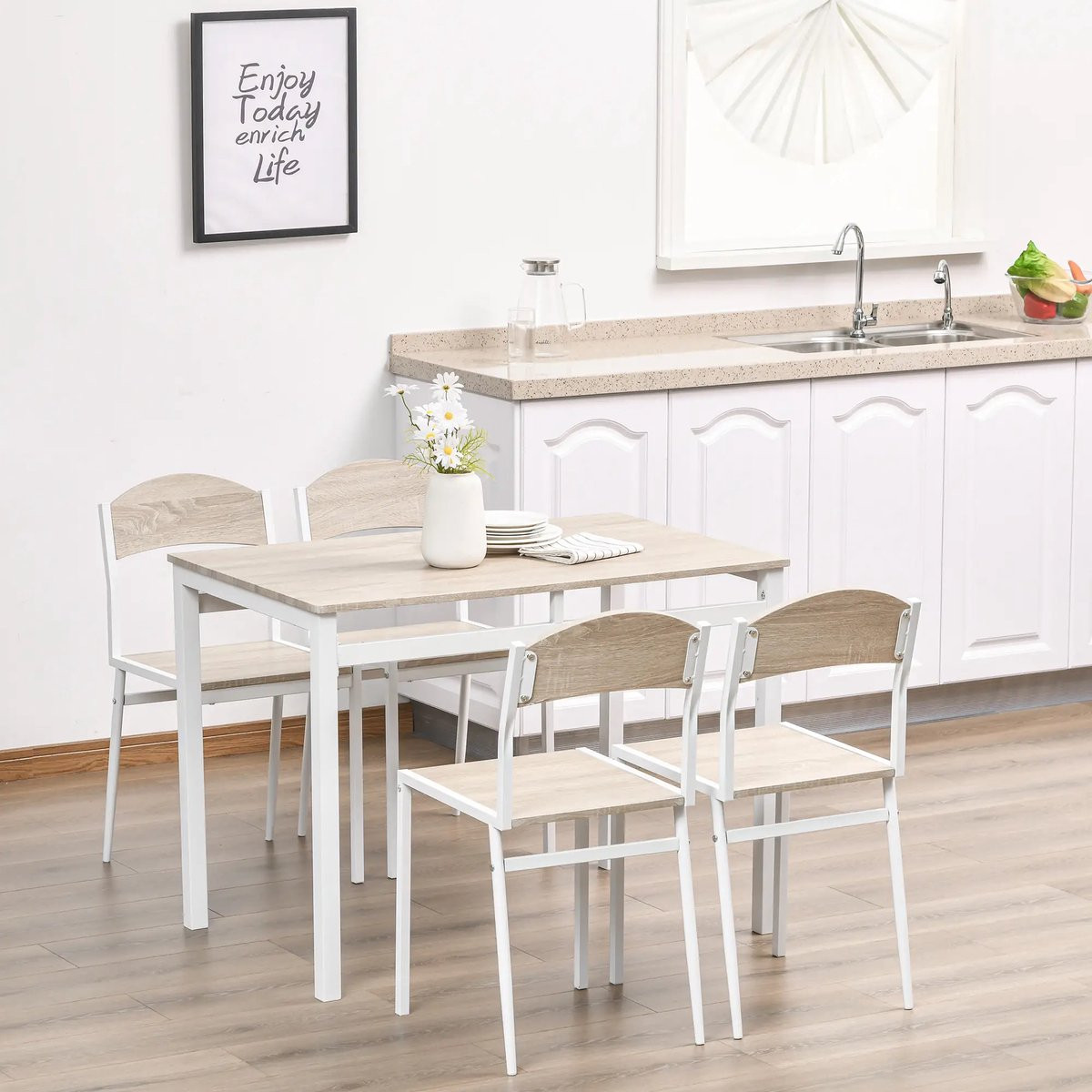 Pugsdrly 5-delige eetset met eettafel en 4 stoelen, grijs+wit
