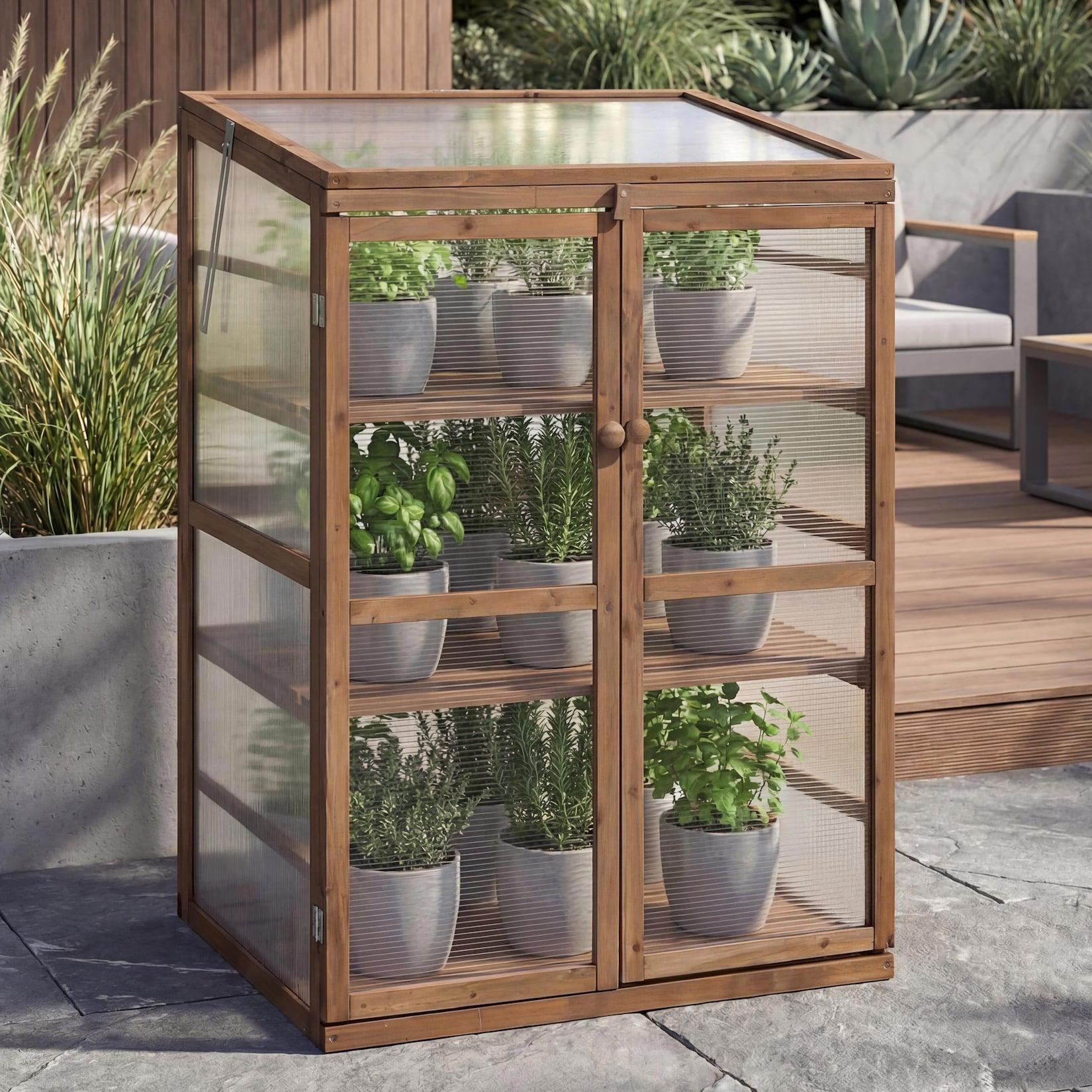 Gewächshaus MCW-Q13, Treibhaus Anzuchthaus Frühbeet Fenster verstellbar Holz MVG-zertifiziert 110x76x57cm ~ dunkelbraun
