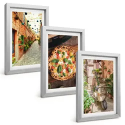 BILDER SET 3er Set - 20x30 cm Silberner Rahmen - Charmante Straßen mit Pizza