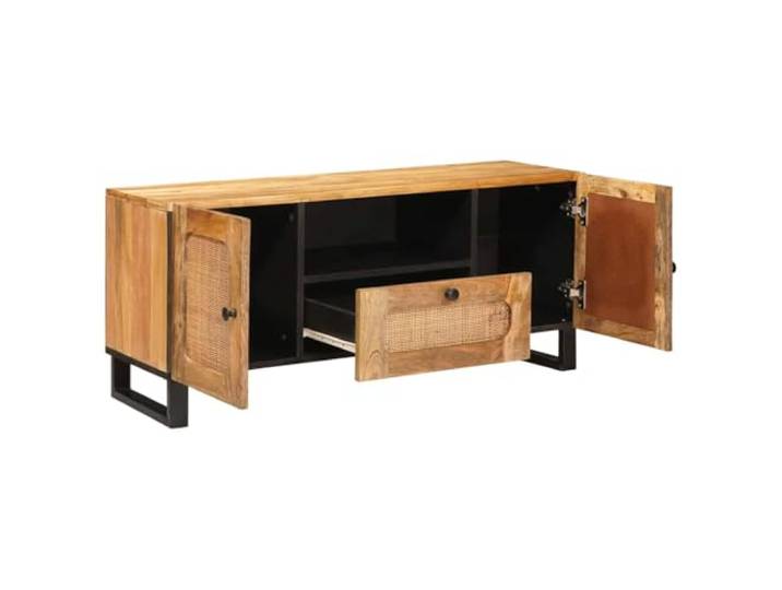 HKQWPBF TV-Schrank Braun 105 x 33 x 46 cm Massivholz Mango Schwenktüren, Schubladen, Knopfgriffe, schwarze MDF-Rückwand, Metallbeine, Wohnzimmer, Media-Geräte