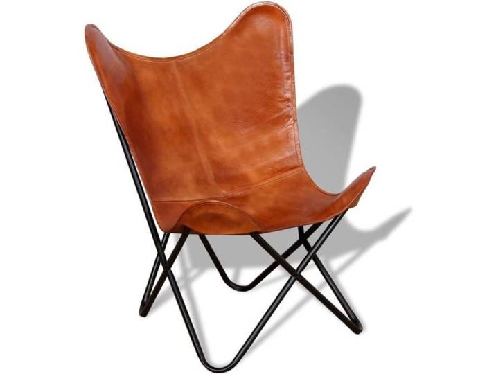 Chaise papillon en cuir véritable - Marron - Style rétro - Fauteuil salle à manger