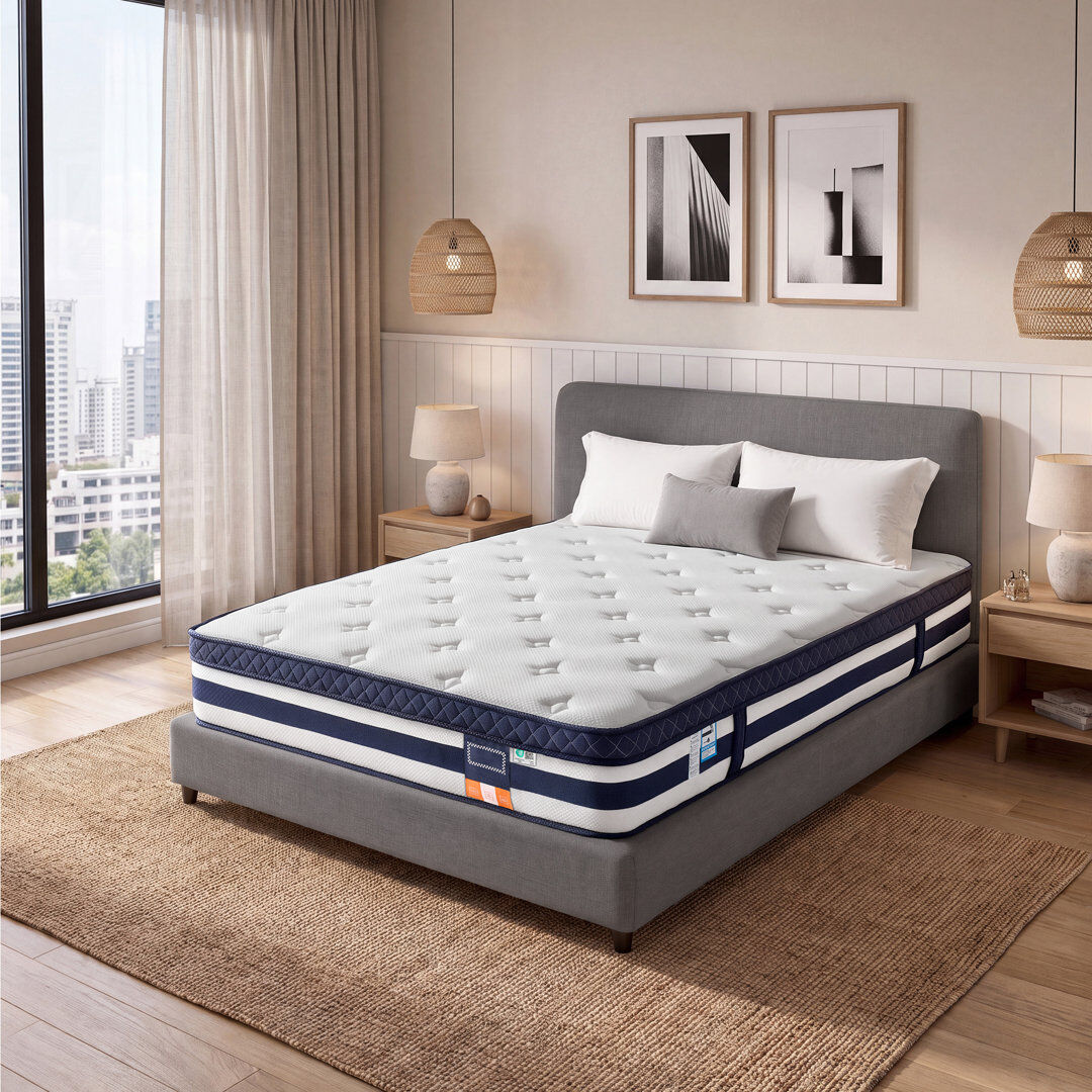 LEDREM Pocket Sprung Mattress with Cooling Gel Memory Foam, 7-Zone Support, Blue European Double (140 x 200 cm)