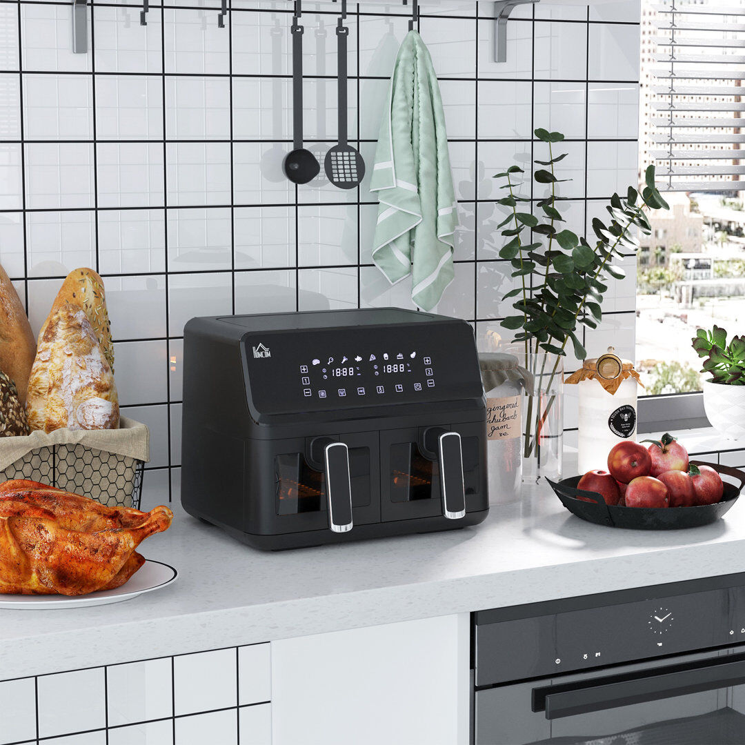HOMCOM 8L Double Basket Air Fryer with 8 Presets Digital Display Recipe Timer Black 4.2L