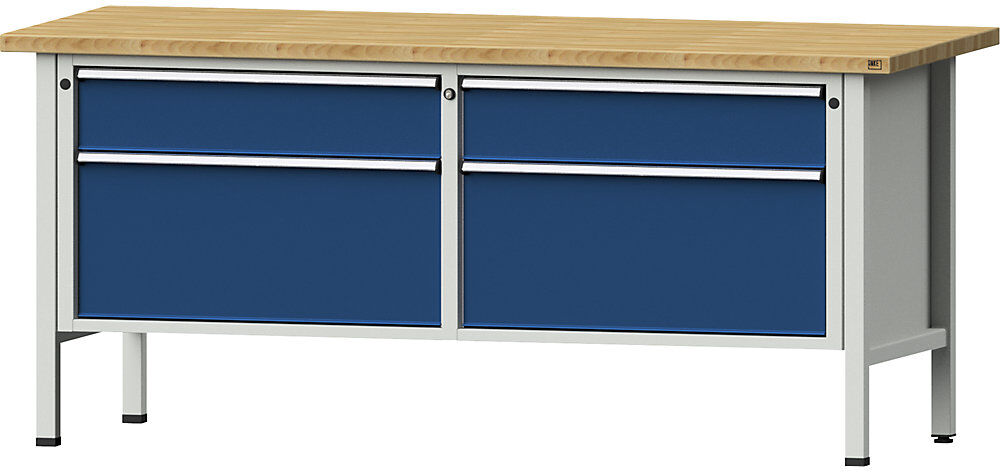 Werkbänke 2000 mm breit, Gestellbauweise, 4 Schubladen, Buchemassivplatte, Höhe 890 mm ANKE