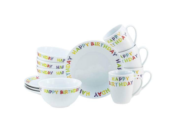 Creatable Frühstücksservice Happy Birthday, Mehrfarbig, Keramik, 12-teilig, Texte, lebensmittelecht, stapelbar, Geschirr, Geschirrsets, Kaffeeservice