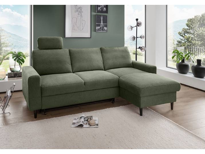 Ecksofa mit Schlaffunktion Grün Webstoff Jimin 234 x 88 x 147cm Longchair davorstehend rechts mit Schlaffunktion Modern