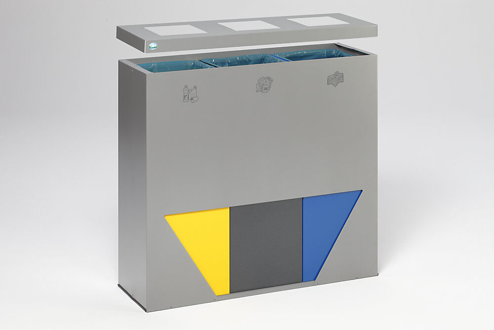 Wertstoffsammelstation TRAPEZ, 3 x 89 l, mit Aufsatz und Klemmring, silber mit 3 Einsätzen gelb / antiksilber / blau VAR