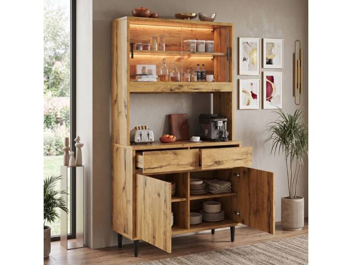 Buffet haut vitré AESVAR 100x40x185 cm chêne LED prises intégrées USB-A et USB-C