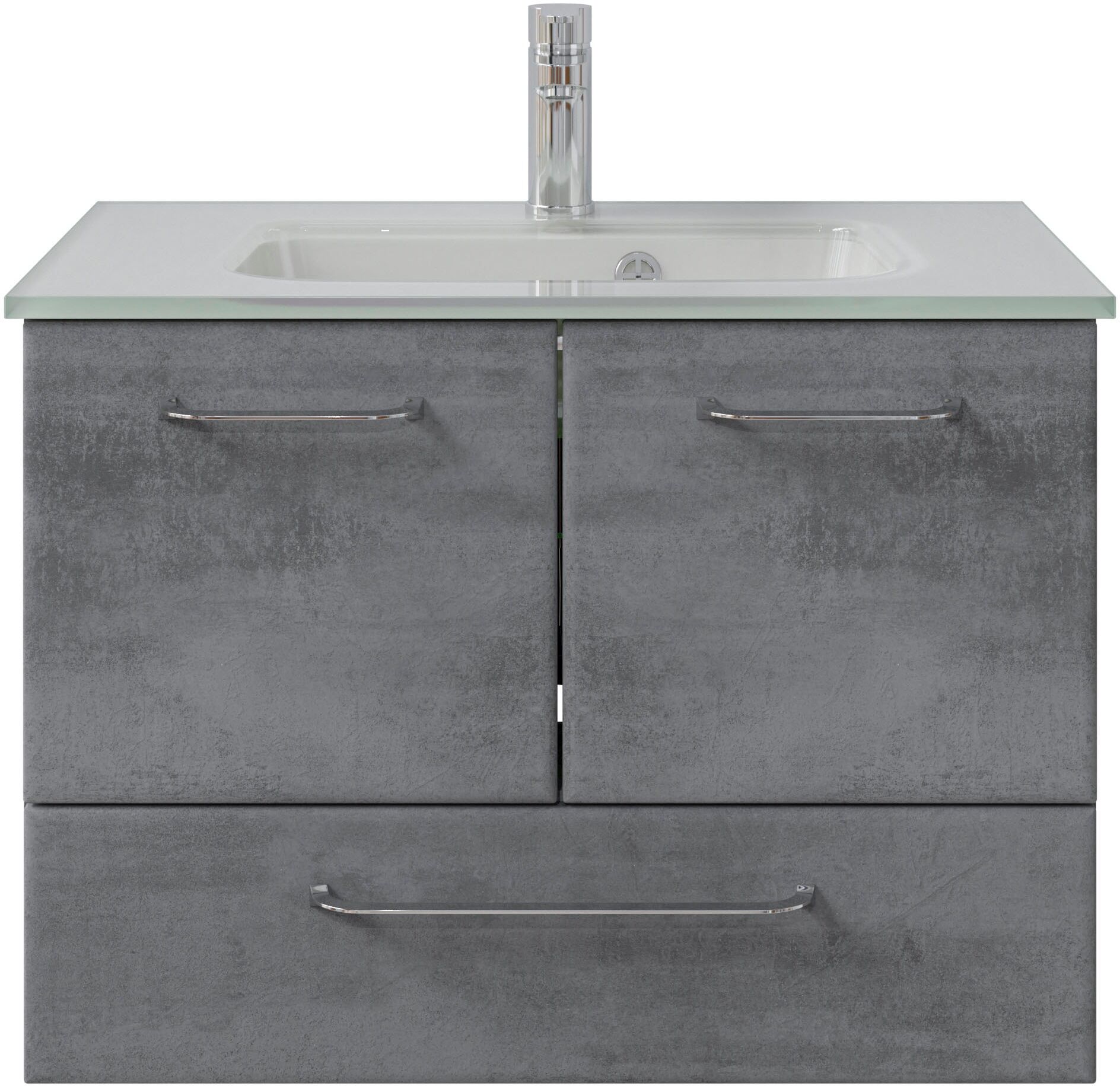 Badmöbel-Set SAPHIR "Quickset 945 Glas-Waschtisch mit Unterschrank, 74 cm breit, Waschplatz", grau (oxid dunkelgrau quer), Kastenmöbel-Sets, Badmöbel-Set, 2 Türen, 1 Schublade, inkl. Türdämpfer, Waschtisch Set mit Waschbecken oxid dunkelgrau quer Einheits