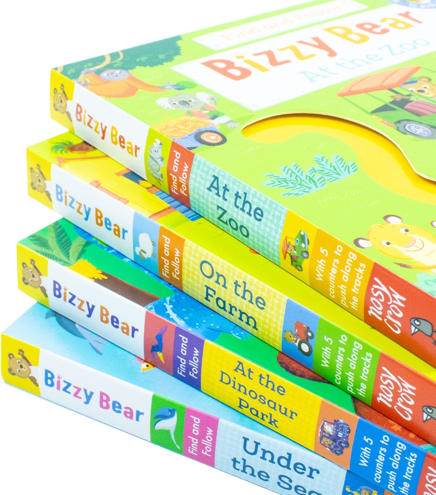 Nosy Crow Bizzy Bear Find & Follow Series 4 Books Set (At The Zoo, On The Farm, At The Dinosaur Park, Under The Sea)