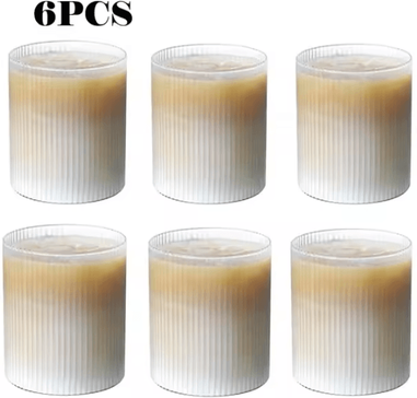Uplift Curations Japanese Striped Glass Coffee Cup 300ml Transparent Bubble Tea & Whiskey Tumbler 6pcs