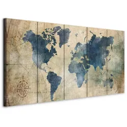 Leinwandbild Retro map 5tlg. Blau/Beige