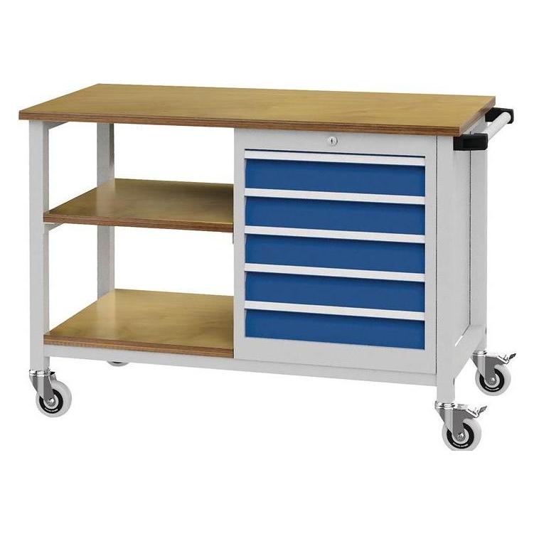 Bedrunka & hirth Werkbank B1200xT540xH880mm Buche Multiplex lichtgrau / signalblau 5 Schubladen (120 cm, 54 cm) (04.512.05 7035/5005)