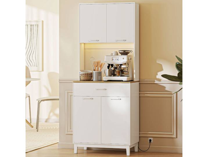 HOMCOM Buffet Haut Cuisine LED Blanc 4 Portes 1 Tiroir Plan Travail