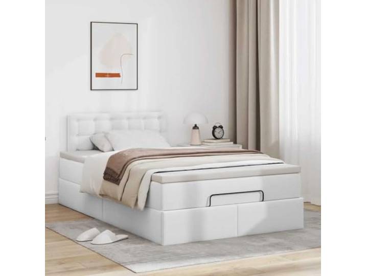 KTHLBRH Bett mit Stauraum, weiß, 120 x 200 cm, Kunstleder Taschenfederkernmatratze, Stauraum, waschbarer Matratzenbezug, Kopfteil im Lieferumfang enthalten