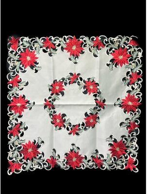 Jiallo Christmas Poinsettia Embroidered Cutwork Square Tablecloth, 44 inch square
