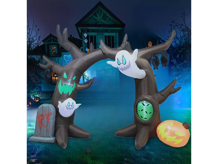 Arche gonflable d'halloween de 2.4m, avec citrouilles, fantômes, pierres tombantes et arbres secs, modèle d'air de jardin décoratif éclairé par LED
