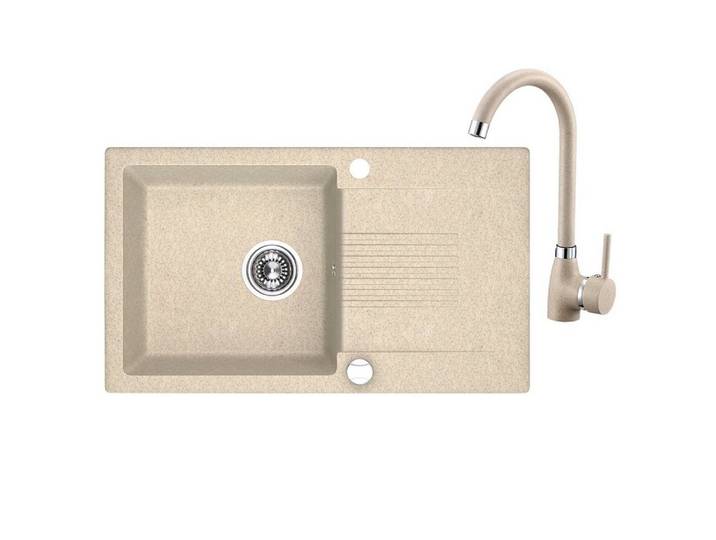 KOLMAN Küchenspüle Celia Set Einzelbecken Granitspüle und Spültischarmatur, Rechteckig, 44/76 cm, Space Saving Siphon GRATIS