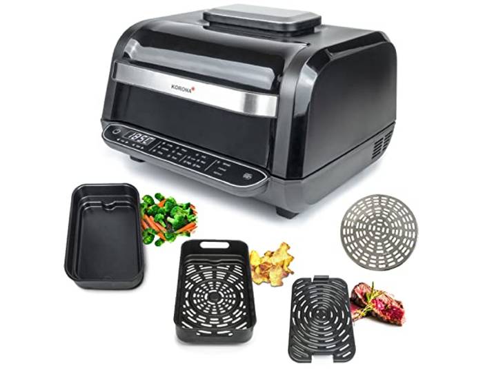 Korona 46160 Barbecue et friteuse à air chaud 6 litres 8 fonctions – Friteuse à air chaud\, four\, four à pizza\, déshydrateur\, fonction rôtissage\, barbecue\, 4 niveaux de cuisson\, grille\, panier de