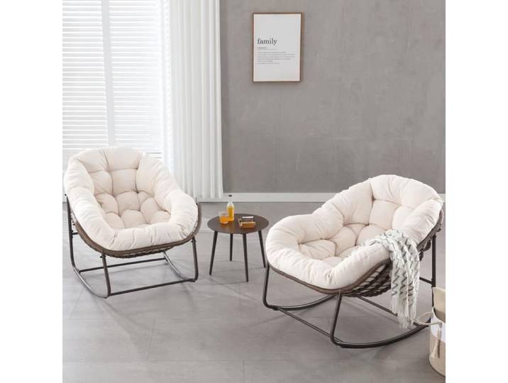 WOVREO fauteuil a bascule de jardin oeuf oversize 106 x 90 x 78 cm acier et rotin synthetique blanc