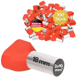 Kalitec, Kabelverbindung, 100 Stück AET1018RT Zwillingsaderendhülsen isoliert 2x10,0mm2 18mm lang rot I Made in German
