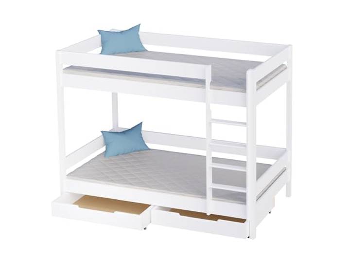 KidsComfort Etagenbett 80x160 cm Weiß mit Matratzen und Schubladen Kinderbett mit Rausfallschutz für 2 Kinder zwei Matratzen und zwei Schubladen zwei Lattenroste dabei
