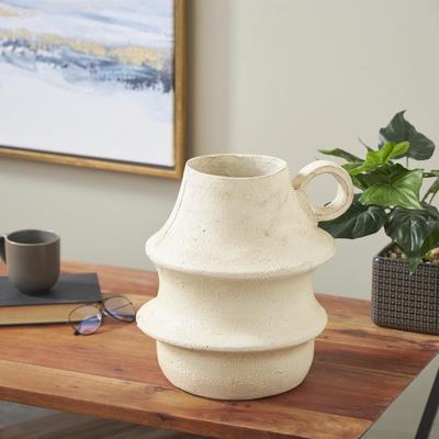 ARCILLA ELEMENTAL Cream Paper Mache Fluted Decorative Vase with Brown Distressed Texturing and Ring Handle