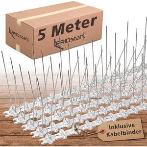 PRIOstahl Vogelabwehr Taubenspikes, 5 Meter, Spikes aus Edelstahl, silber, mit Kunststoffschiene, 2-reihig, 10 Stück