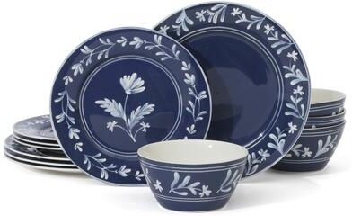 Martha Stewart Maiden Crown 12-Piece Dinnerware Set - Vegan Bone China Ceramic Plates & Bowls - Floral Design - Service for 4