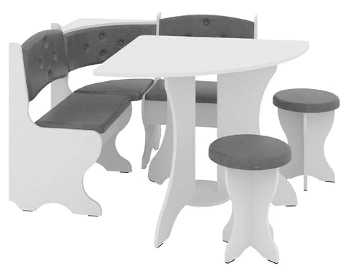 Rodnik Eckbankgruppe klein, 4-TLG. Set: Eckbank mit Stauraum, Viertelkreistisch und 2 Hockern, modern, klein, platzsparend (Weiß)
