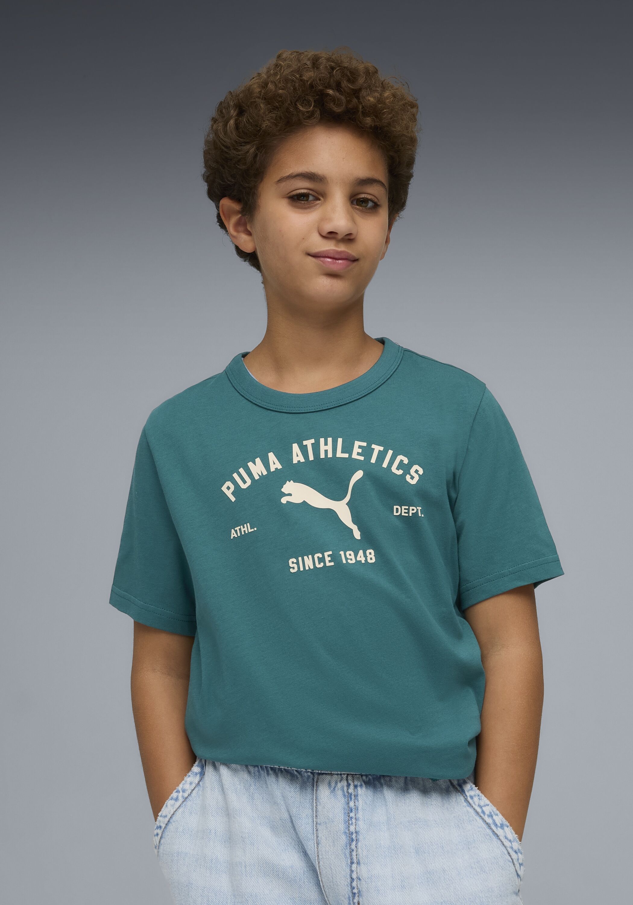 T-Shirt PUMA "CLASS GRAPHIC TEE B", Jungen, Gr. 176, emerald ice, Jersey, Obermaterial: 100% Baumwolle, bedruckt, regular fit normal, Rundhals, Shirts T-Shirt, Regular Fit, Kurzarm, Rundhalsausschnitt, für Jugendliche emerald ice 176