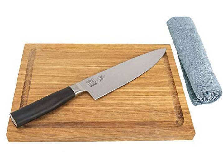 Kai Shun Tim Mälzer Kamagata TMK-0706 Kochmesser 20 cm, ultrascharfes Japan Messer+ massives Schneidebrett 30x22 cm, (Eiche)+ Poliertuch